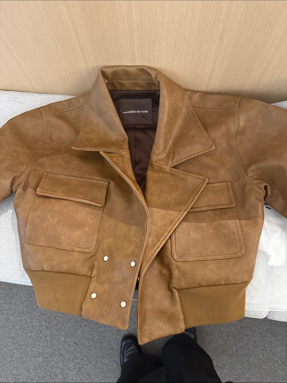 Maniere De Voir Tan Leather Bomber Jacket